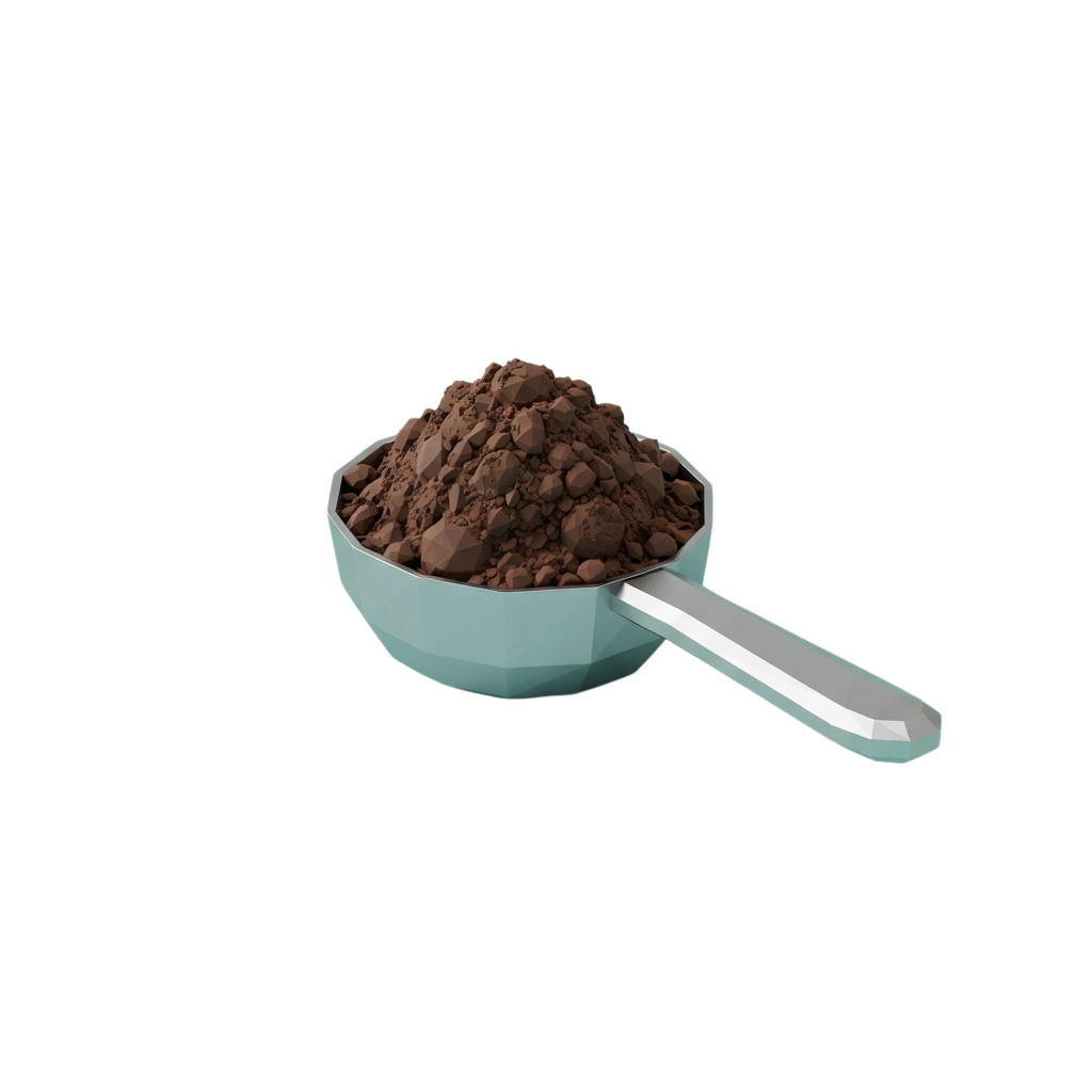 A light blue measuring scoop filled with dark brown chocolate powder