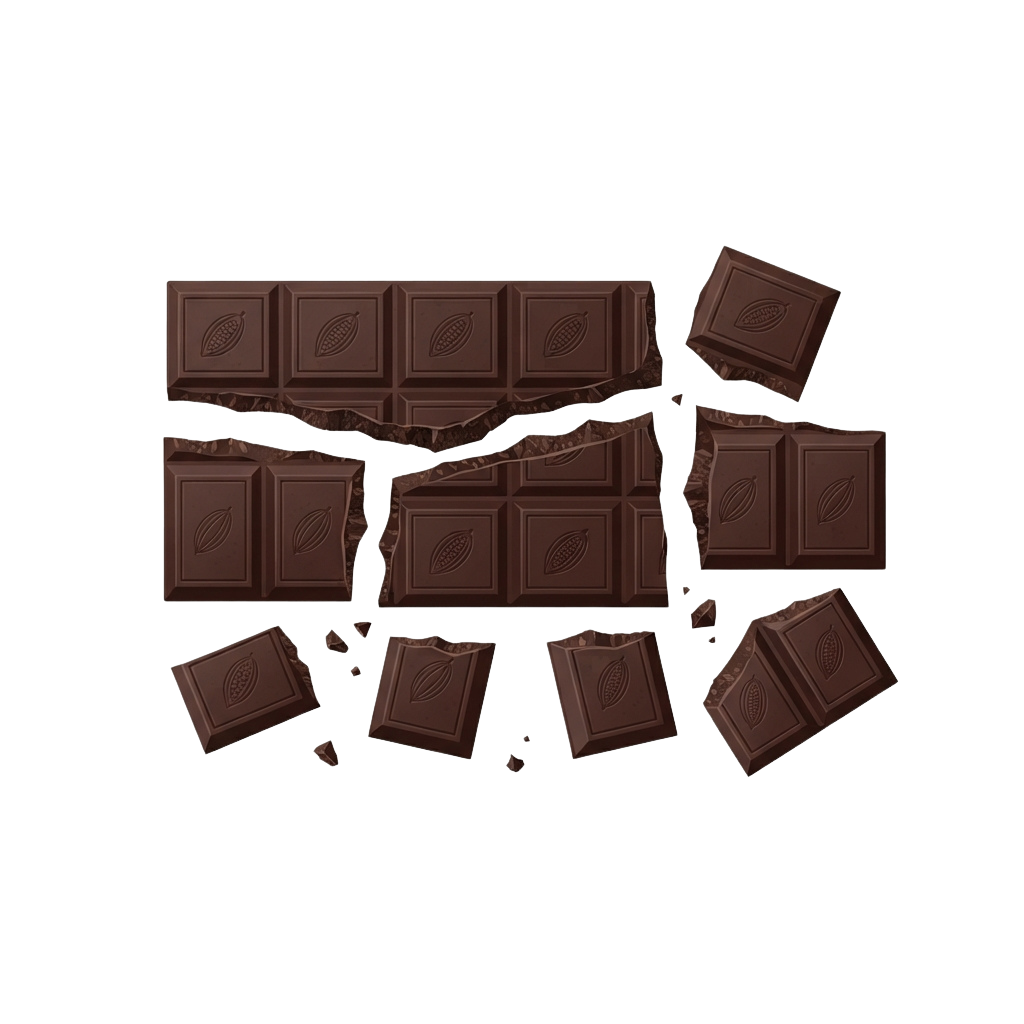 A broken dark chocolate bar with several square pieces scattered around