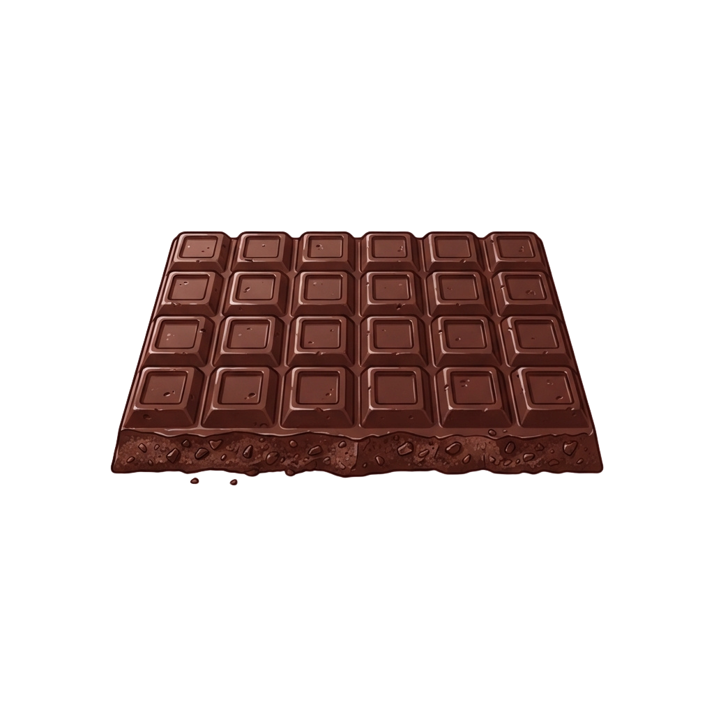 A dark chocolate bar divided into twelve square pieces against a black background