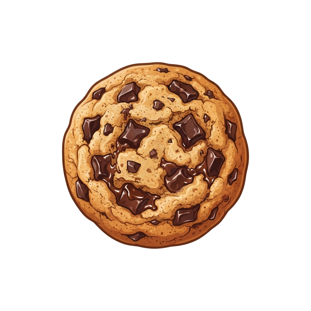 A round chocolate chip cookie with melted chocolate and golden-brown edges