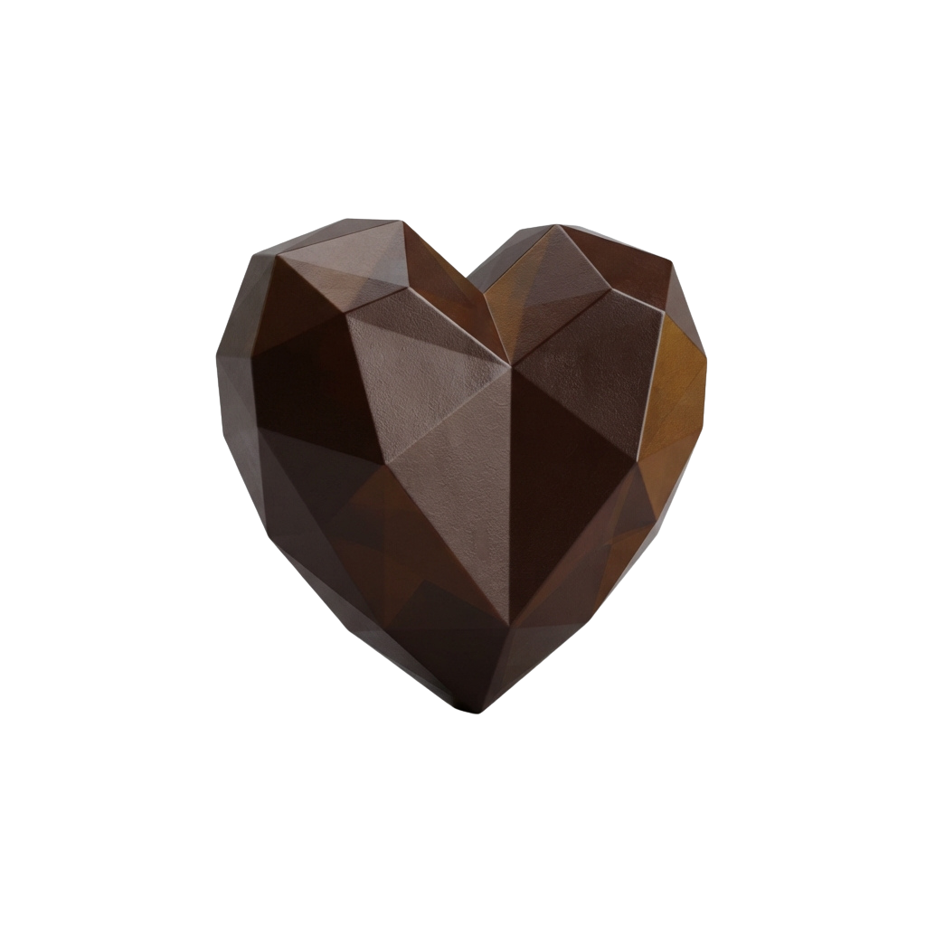 A faceted, three-dimensional heart shape with a shiny, reflective surface resembling chocolate or a gemstone.