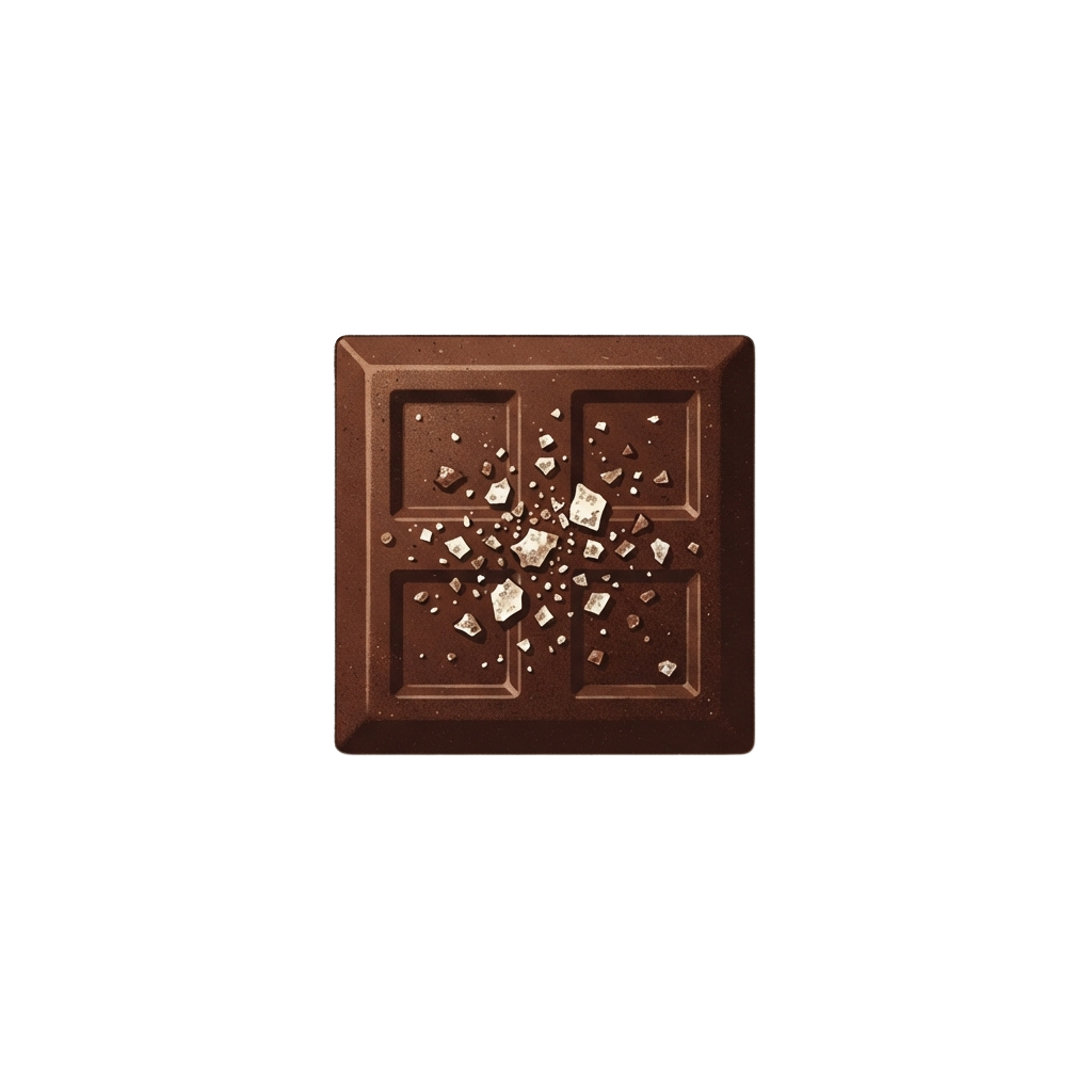 Square dark chocolate bar with salt crystals sprinkled on top