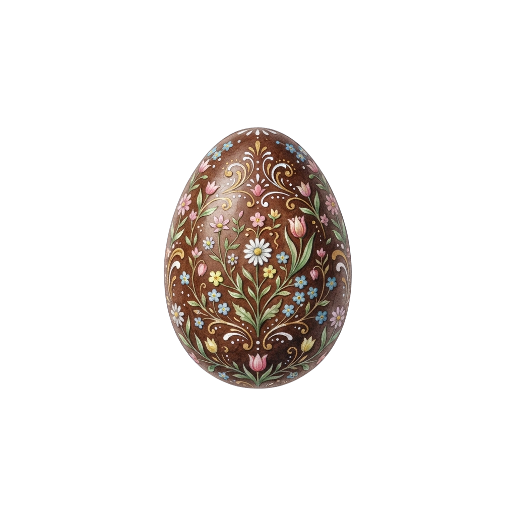 Hand-painted egg with intricate floral and leaf patterns in pastel colors