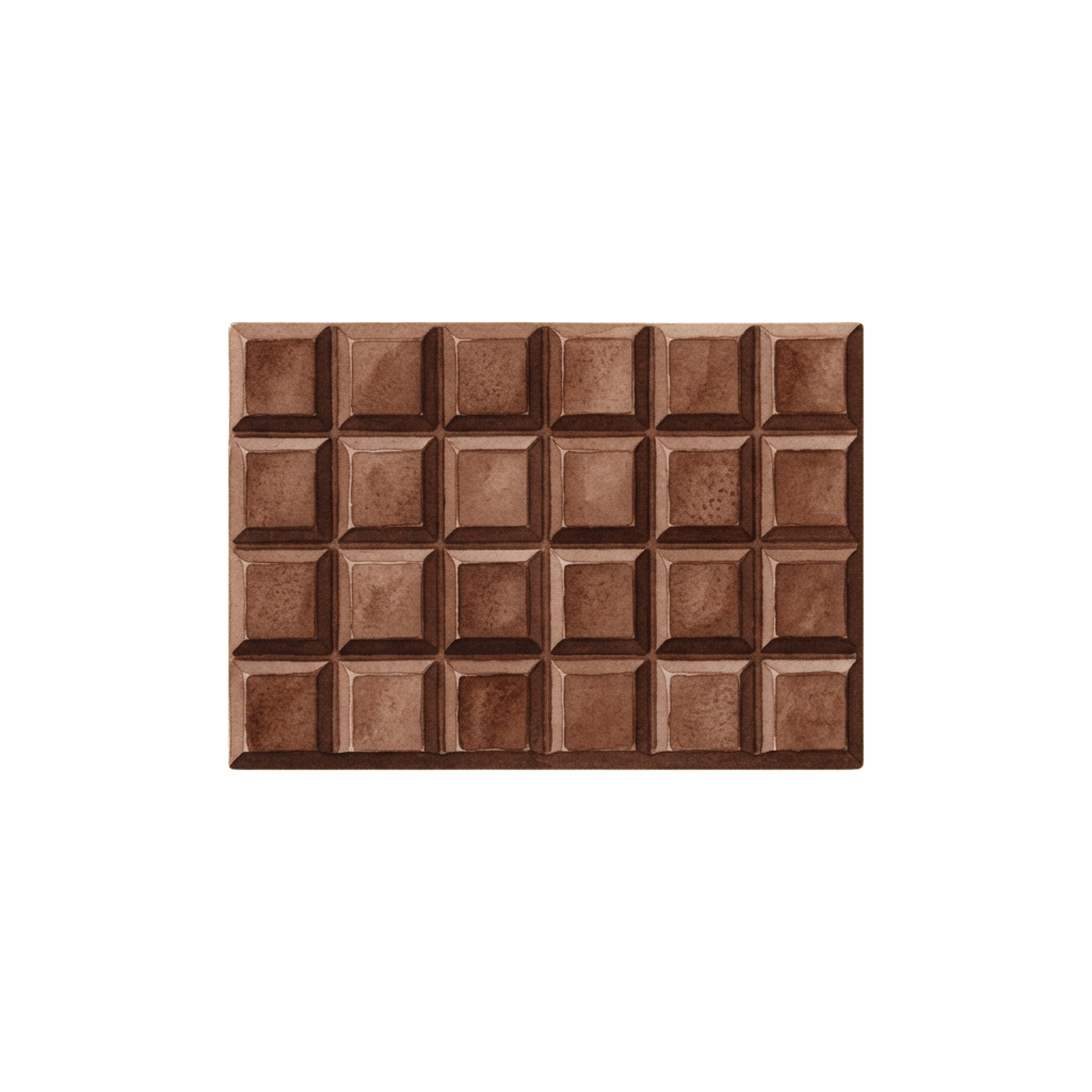 A bar of dark chocolate divided into twelve square pieces, each wrapped individually in brown foil.