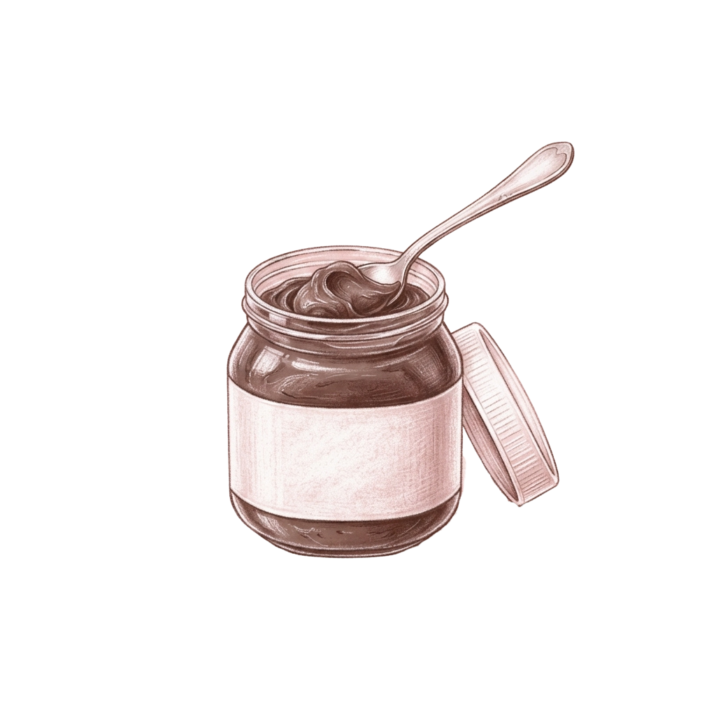A glass jar of nut butter with a spoon inside, lid slightly off