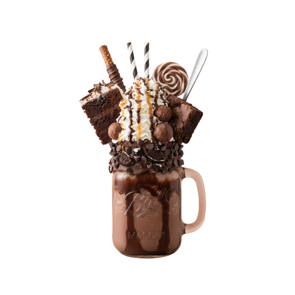 A tall glass of chocolate thickshake topped with cake pieces, whipped cream, chocolate sauce, and candy