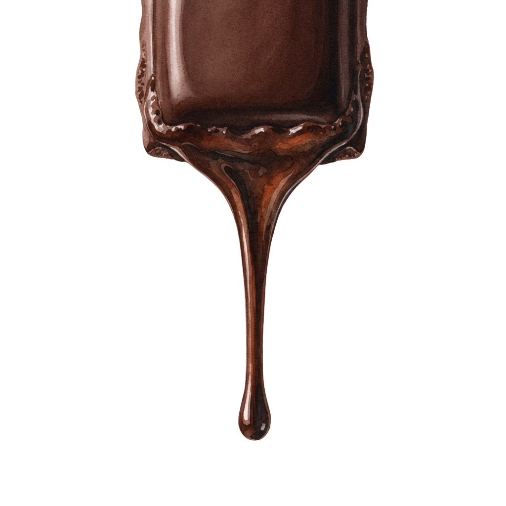 Close-up of thick chocolate sauce dripping from the tip of a spoon against a dark background