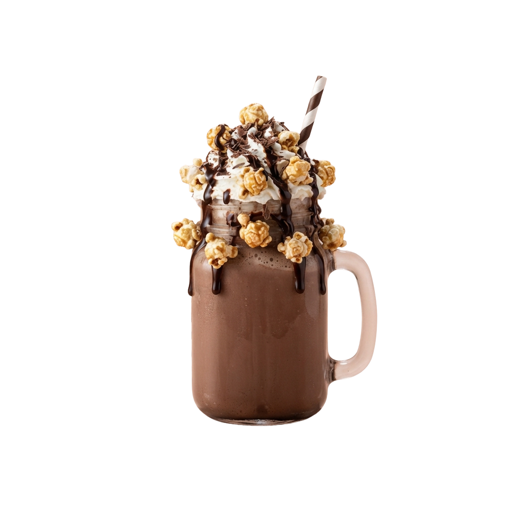 A tall glass mug filled with chocolate milkshake topped with whipped cream, caramel drizzle, and marshmallows
