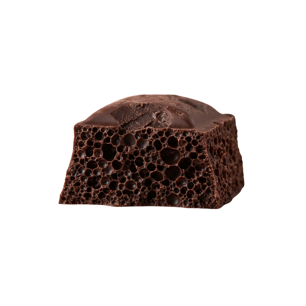 A close-up of a moist chocolate cake with a porous, airy interior and a rich brown exterior