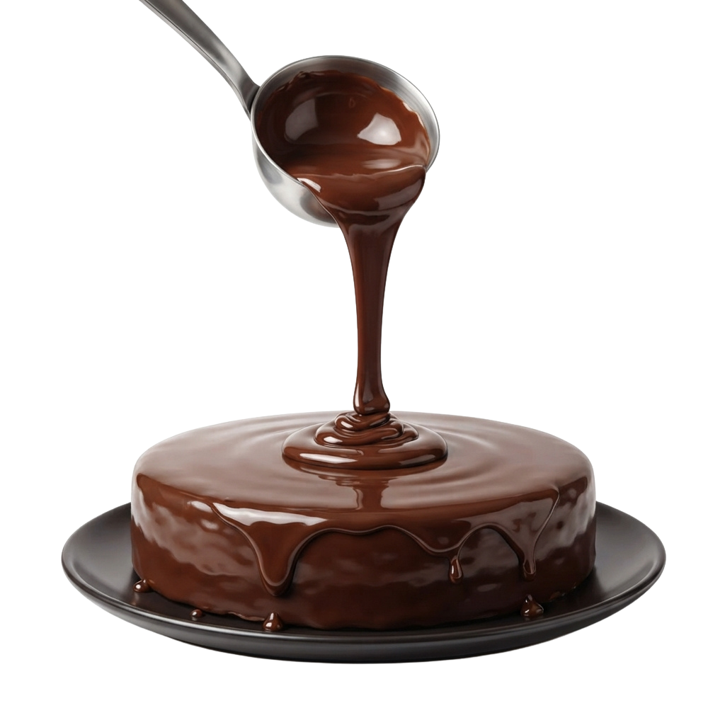 A round chocolate cake on a plate with melted chocolate being poured from a spoon onto its surface