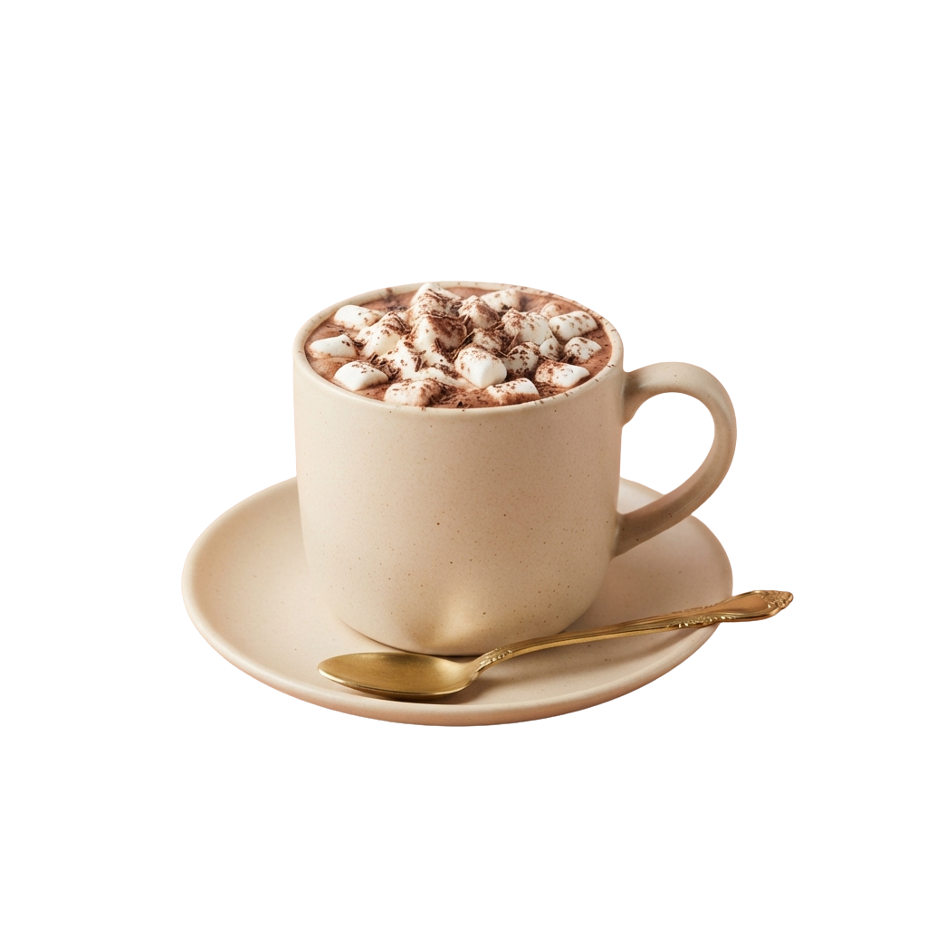 A ceramic mug filled with a hot beverage topped with marshmallows on a matching saucer with a spoon.