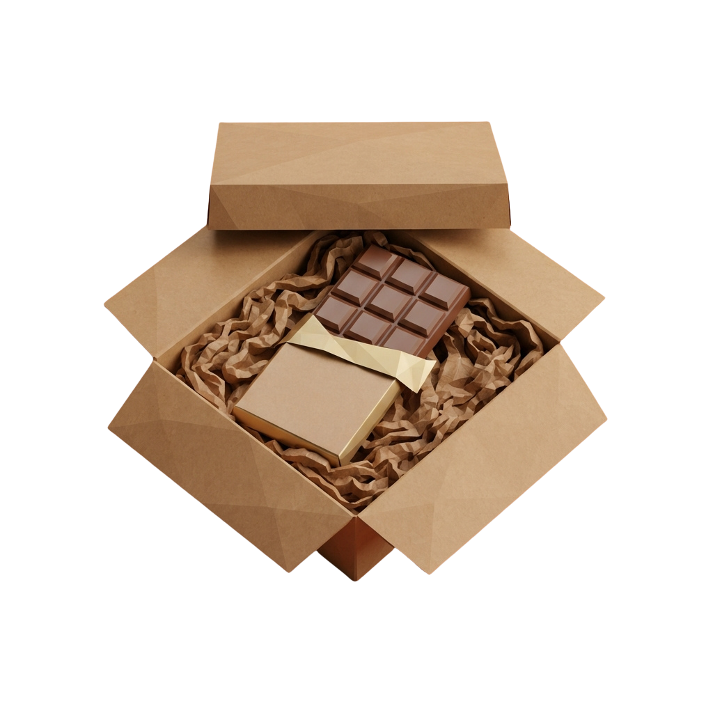 Open cardboard box revealing two chocolate bars wrapped in gold and brown foil, nestled in brown crinkle paper