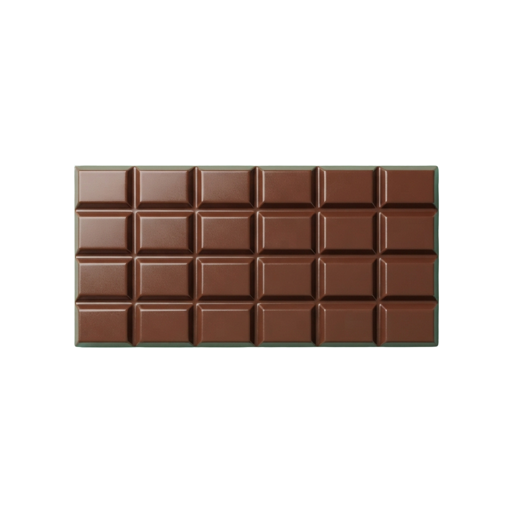 A rectangular bar of dark chocolate divided into small squares, wrapped in green paper.