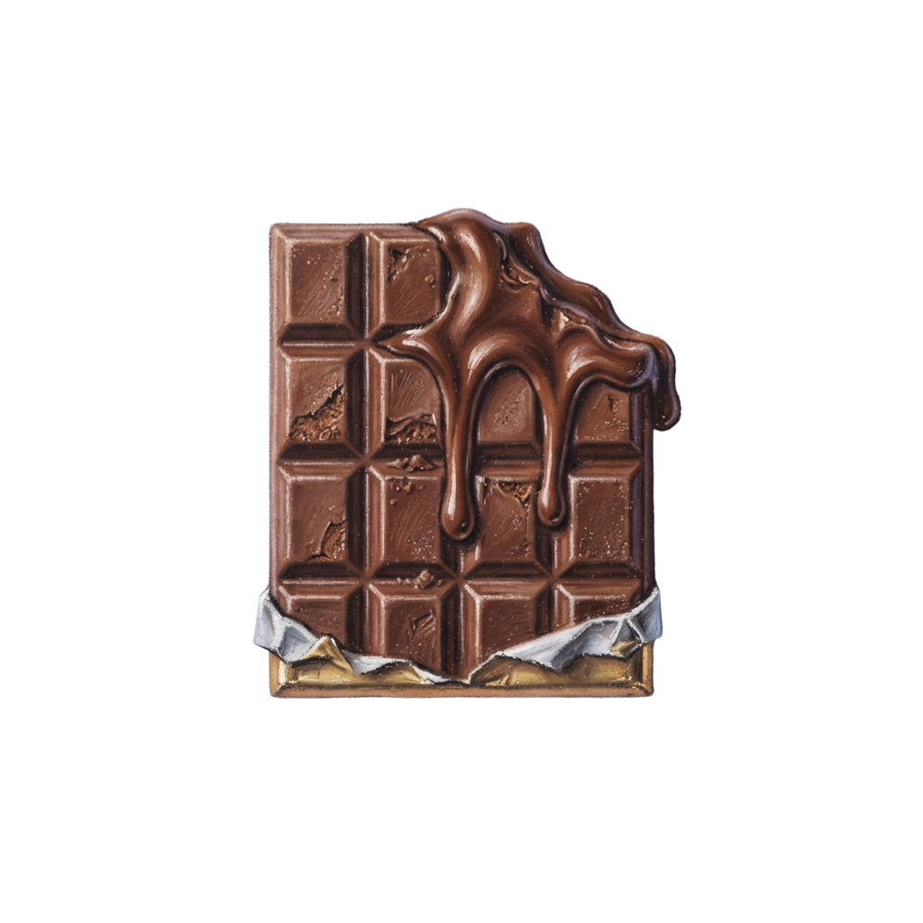 A square dark chocolate bar with melted chocolate dripping over the top and crinkled gold foil wrapping underneath