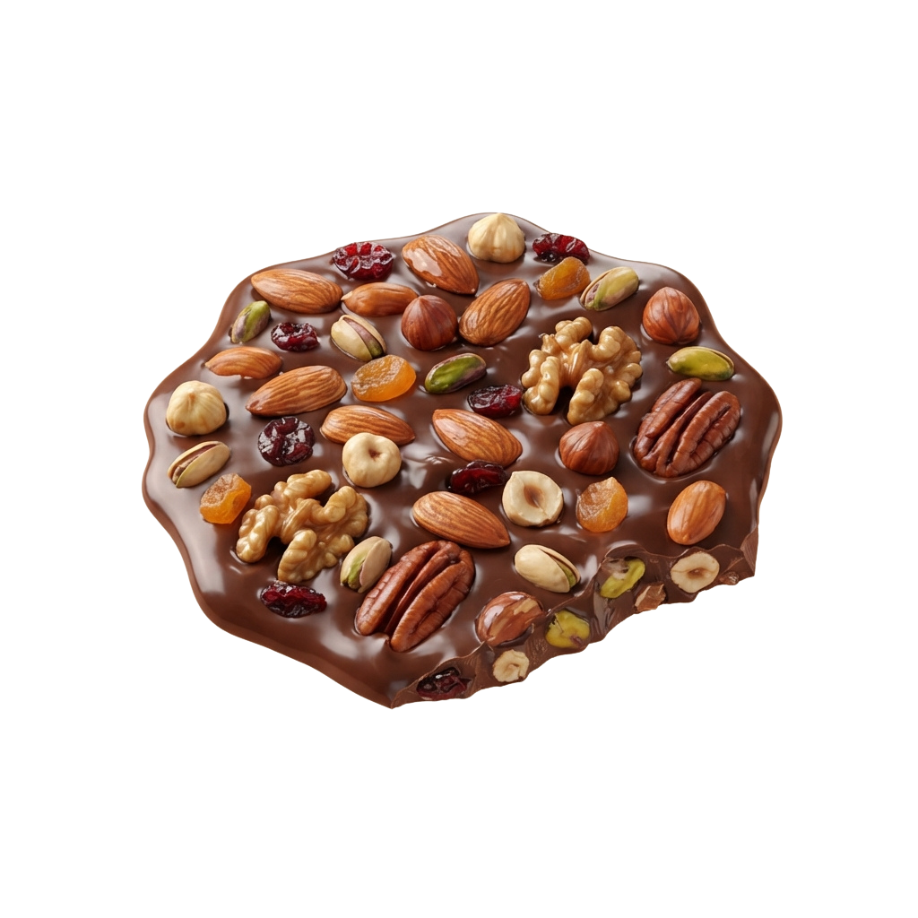 A round piece of chocolate bark topped with various nuts and dried fruits on a dark background