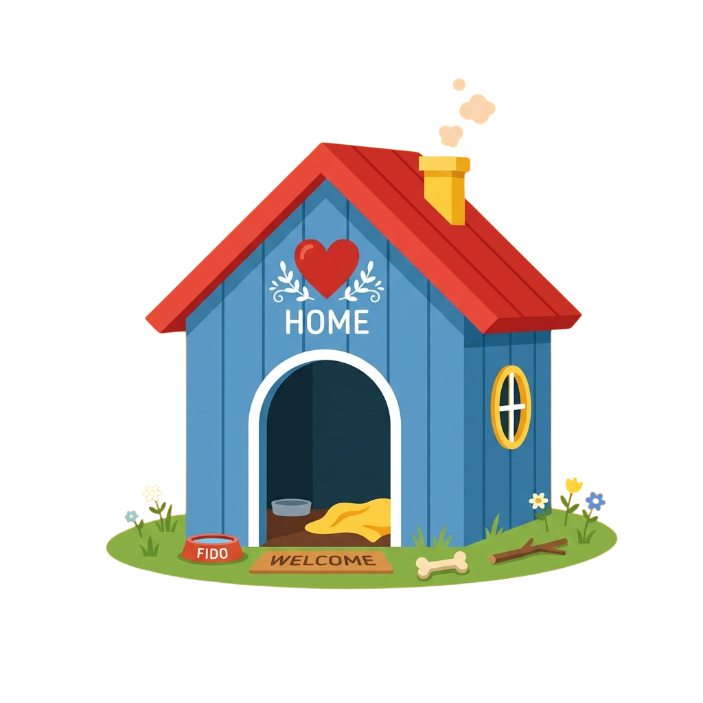 Illustration of a blue dog house with a red roof, heart decoration, and welcome sign for a pet named Fido