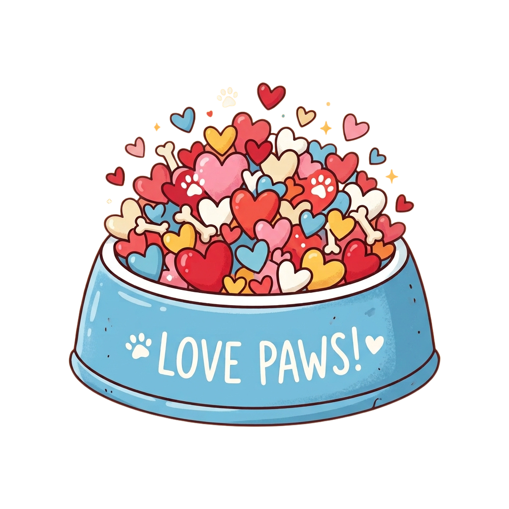 Illustration of a blue dog bowl filled with colorful hearts and paw prints, text reads Love Paws