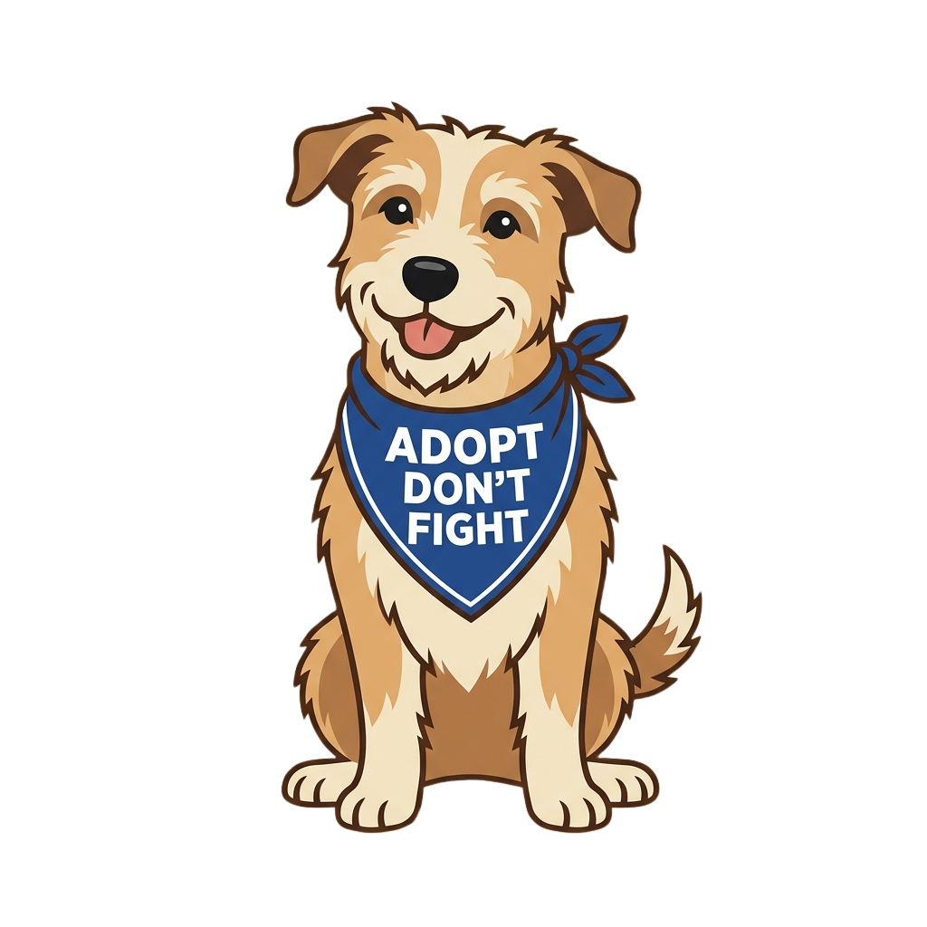 Happy cartoon dog wearing a blue bandana that says Adopt Dont Fight