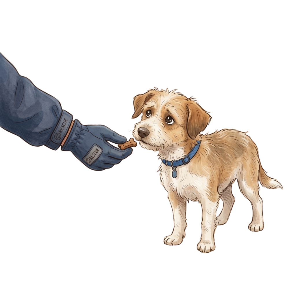 A small, light brown dog with a blue collar being fed a treat by a gloved hand labeled rescue