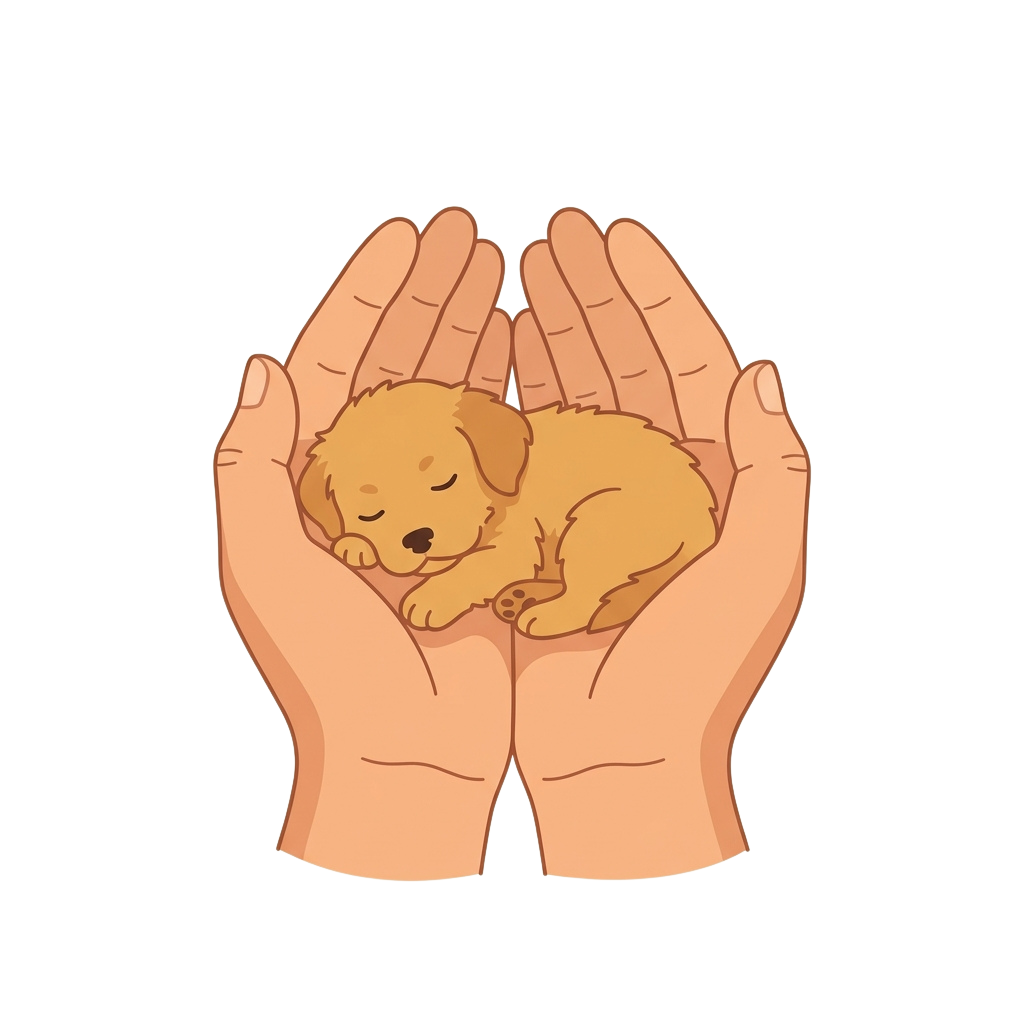 Illustration of a small puppy sleeping comfortably between two open hands.