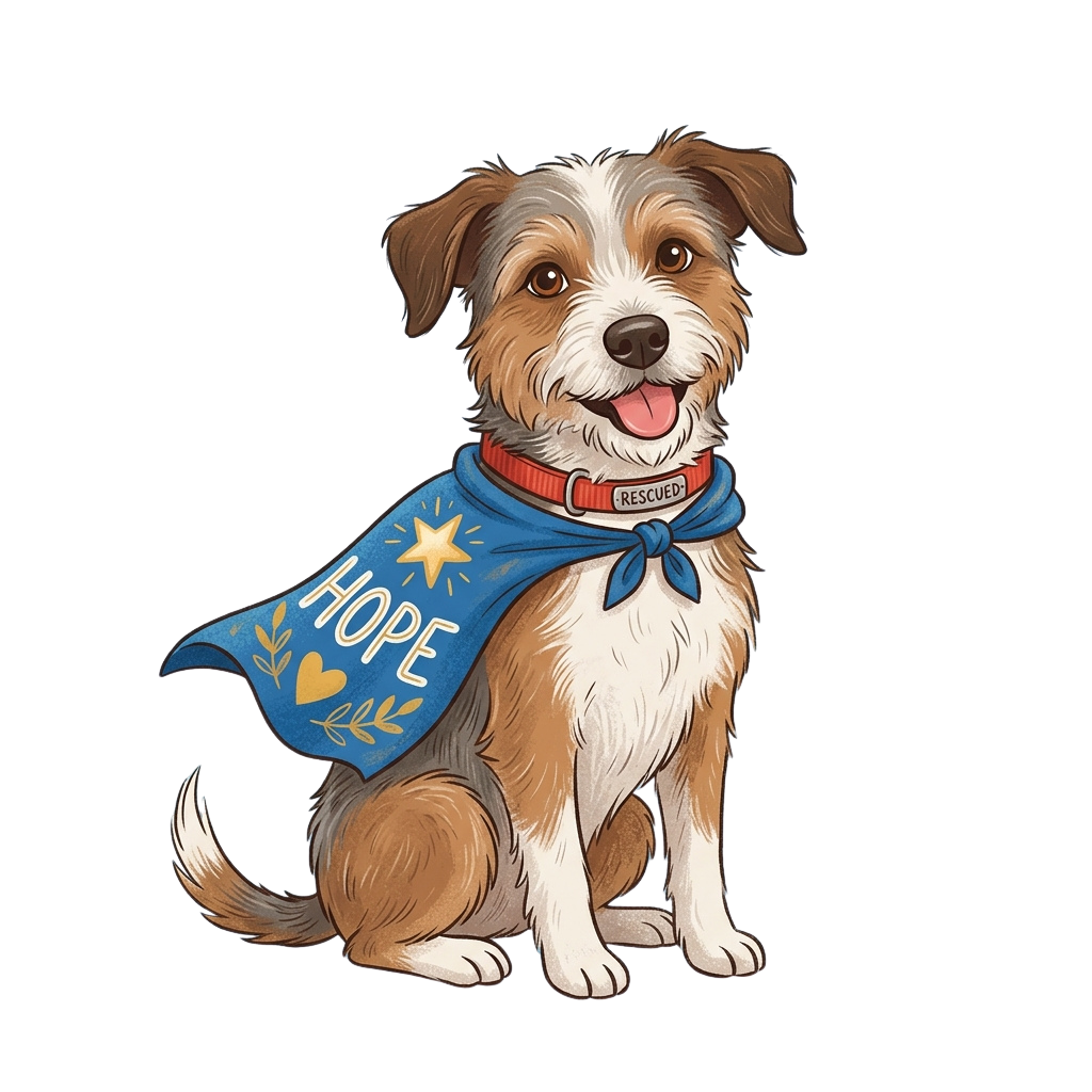 A cheerful dog sitting and wearing a blue cape with the word hope and a heart symbol