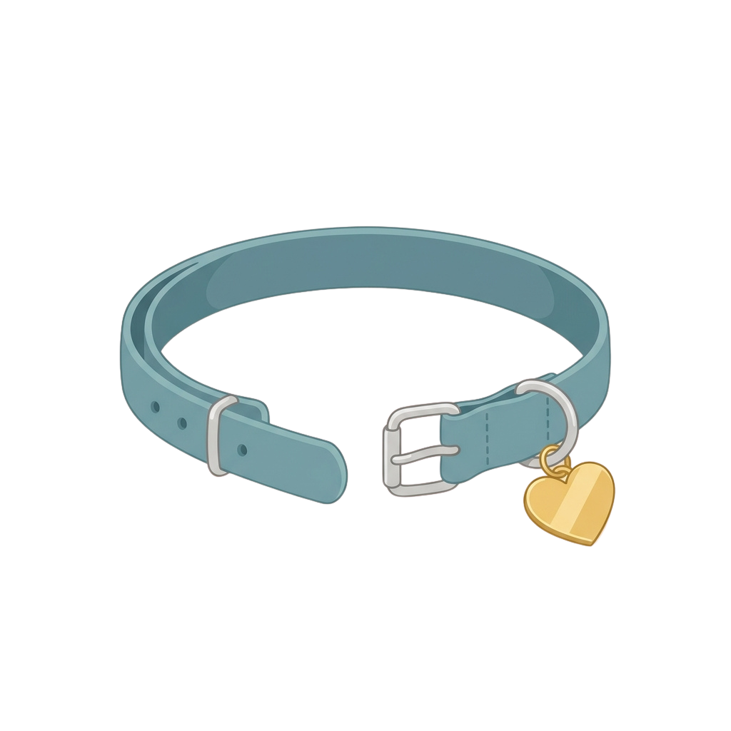 A light blue dog collar with a silver buckle and a gold heart-shaped tag