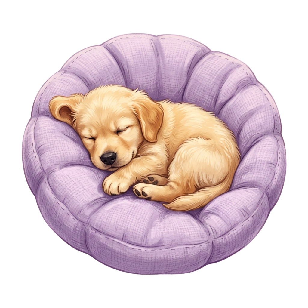 A golden puppy curled up and sleeping on a purple cushion