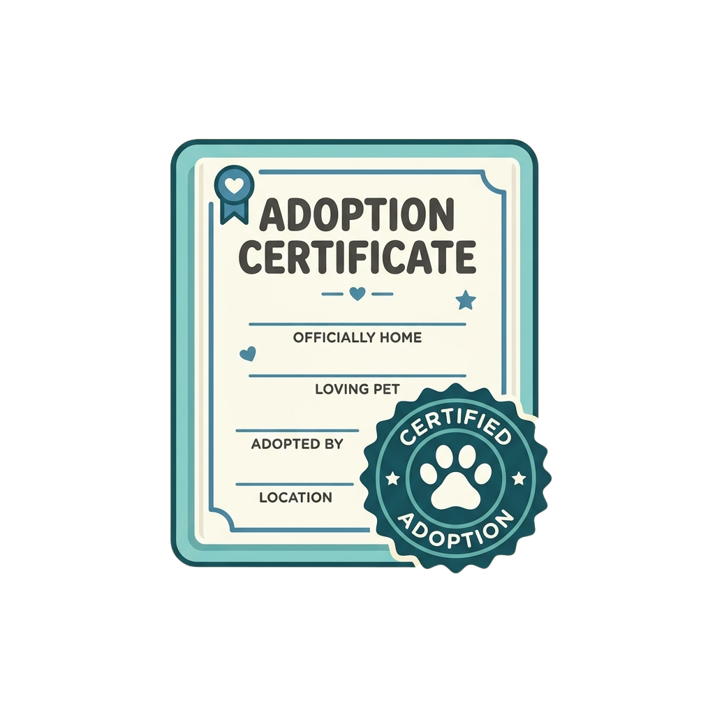 Adoption certificate with paw print seal reading Certified Adoption, featuring sections for pet name and adopter details