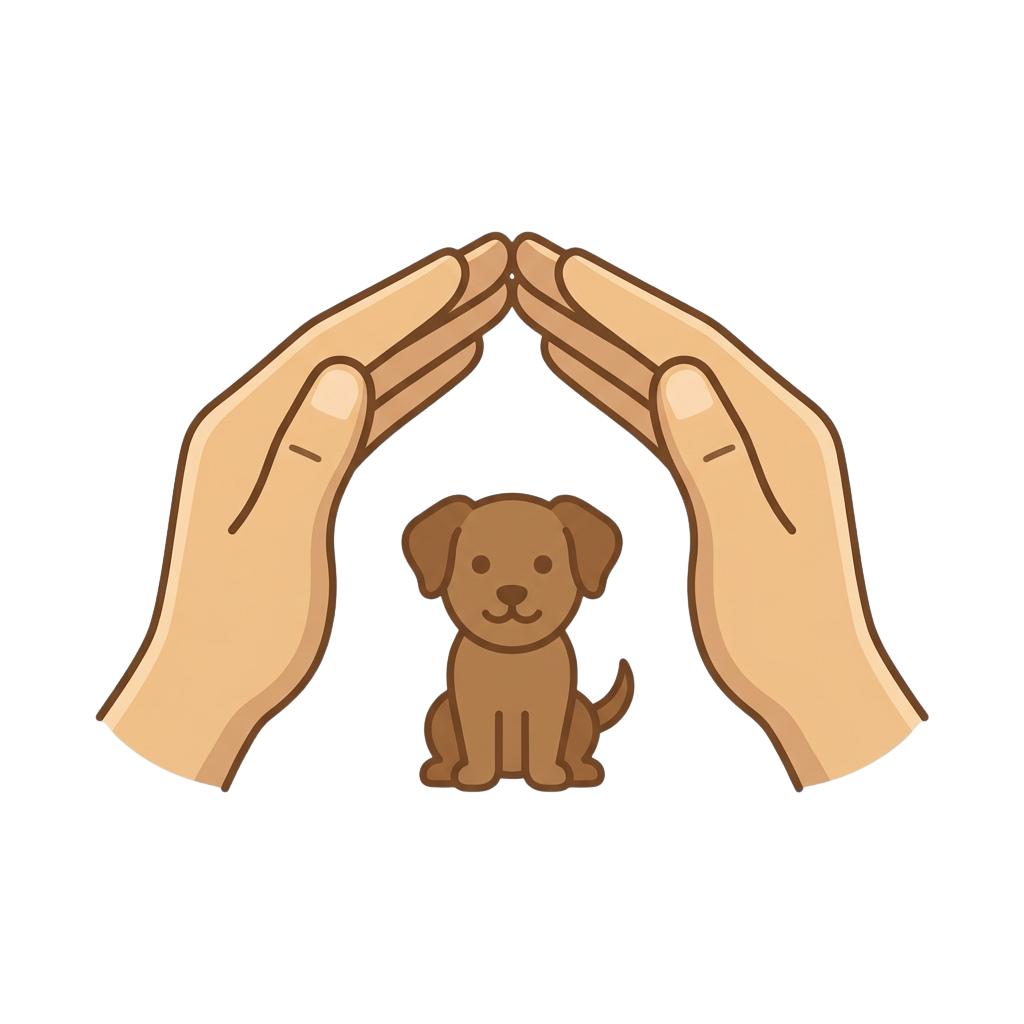 Two hands forming a protective arch over a small brown puppy