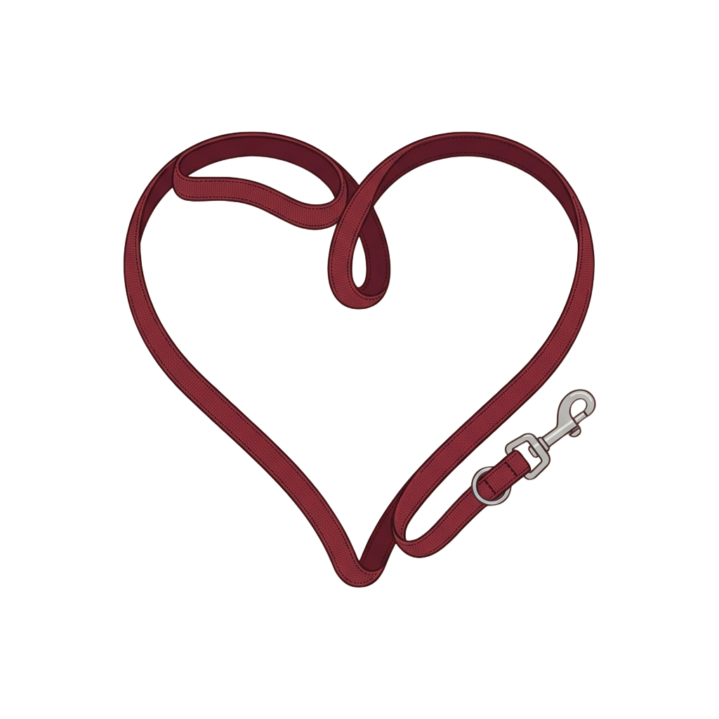 A burgundy heart-shaped leash with a metal carabiner attachment on a black background