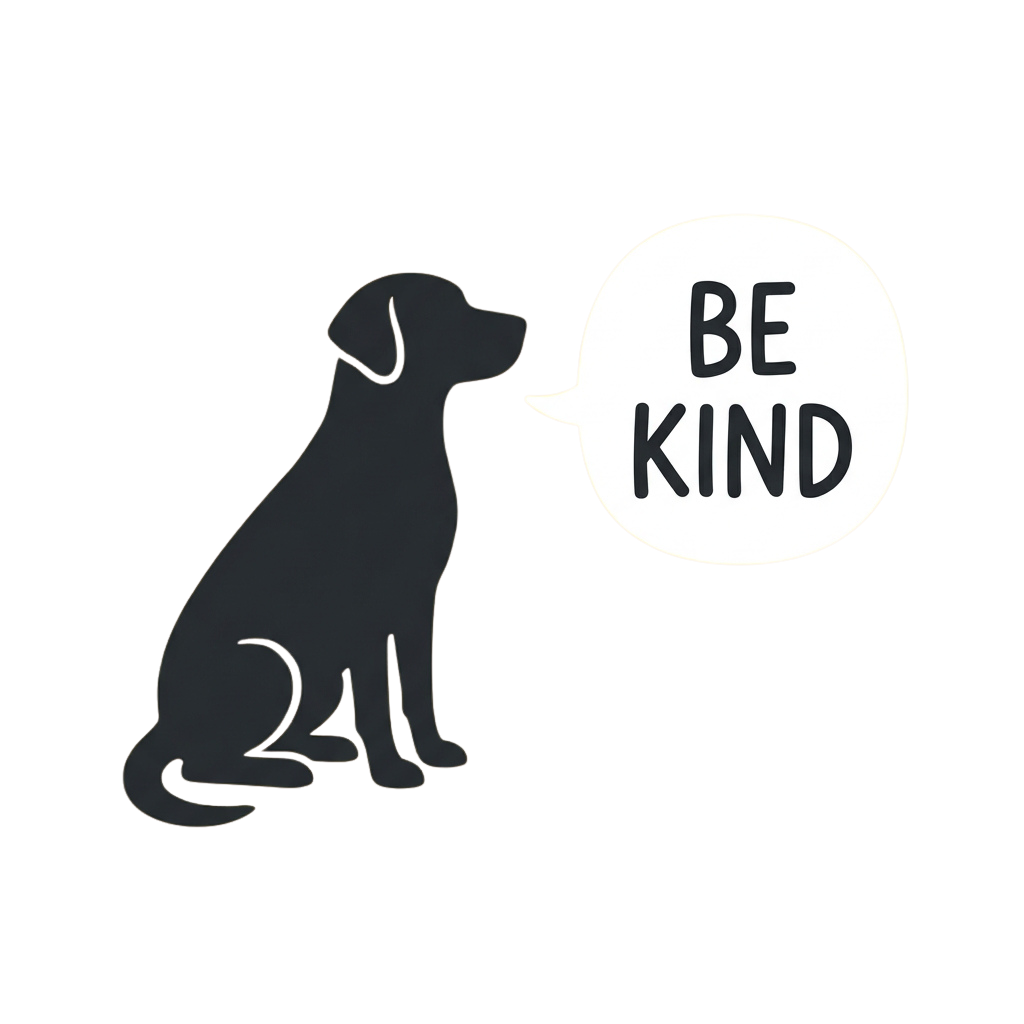 Silhouette of a sitting dog with a speech bubble saying Be Kind