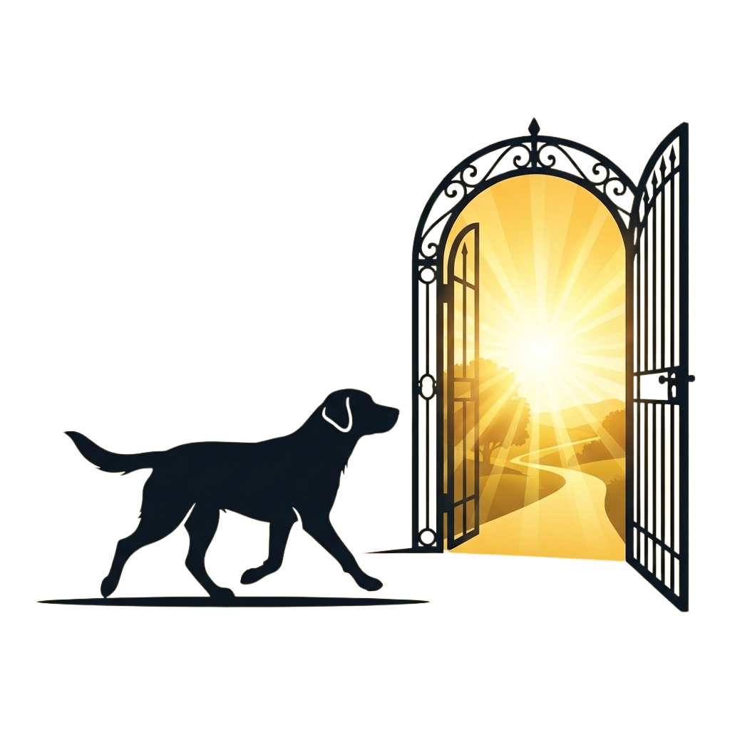 A dog silhouette walking toward an open door with sunlight shining through