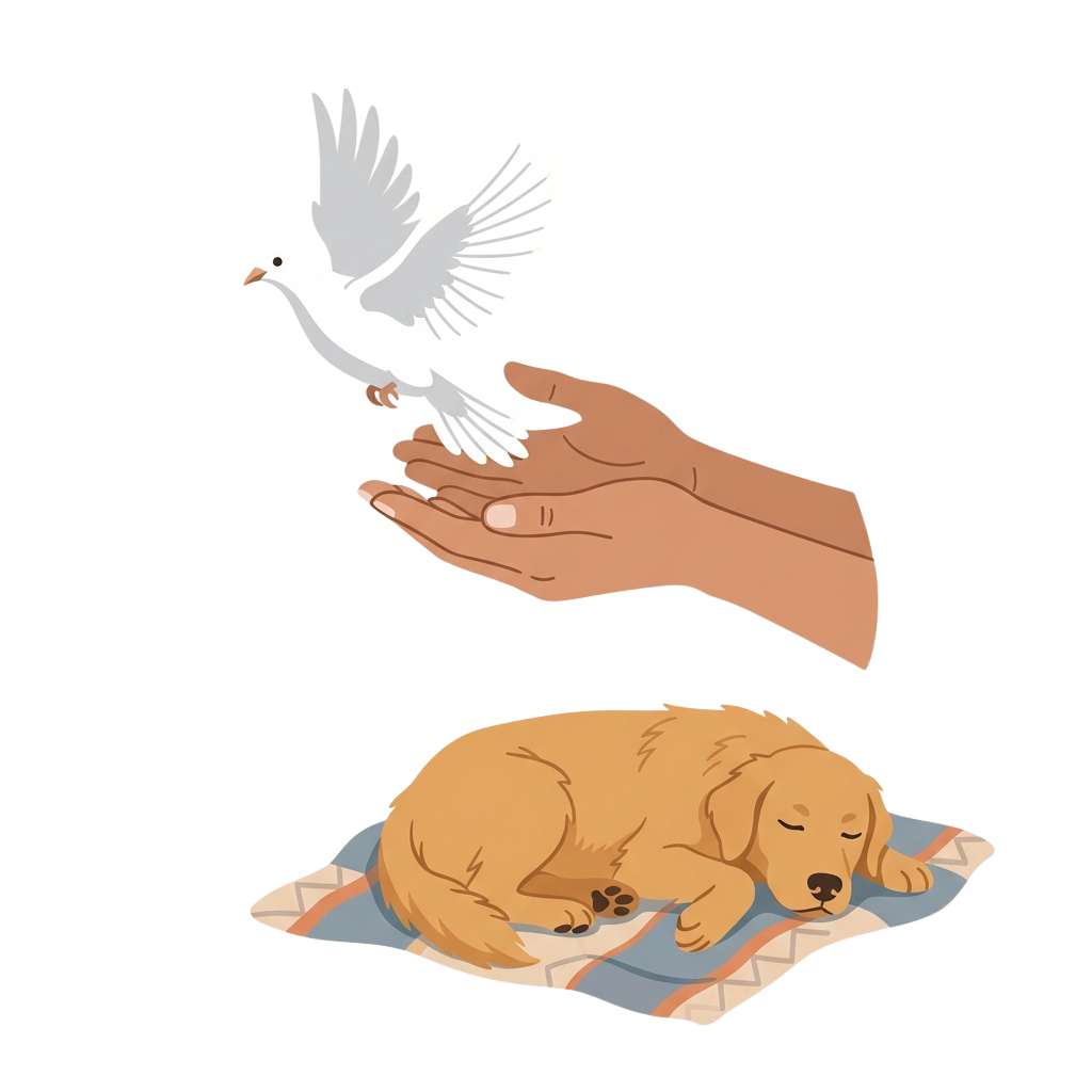 A hand gently holds a white dove above a sleeping golden puppy on a patterned mat.