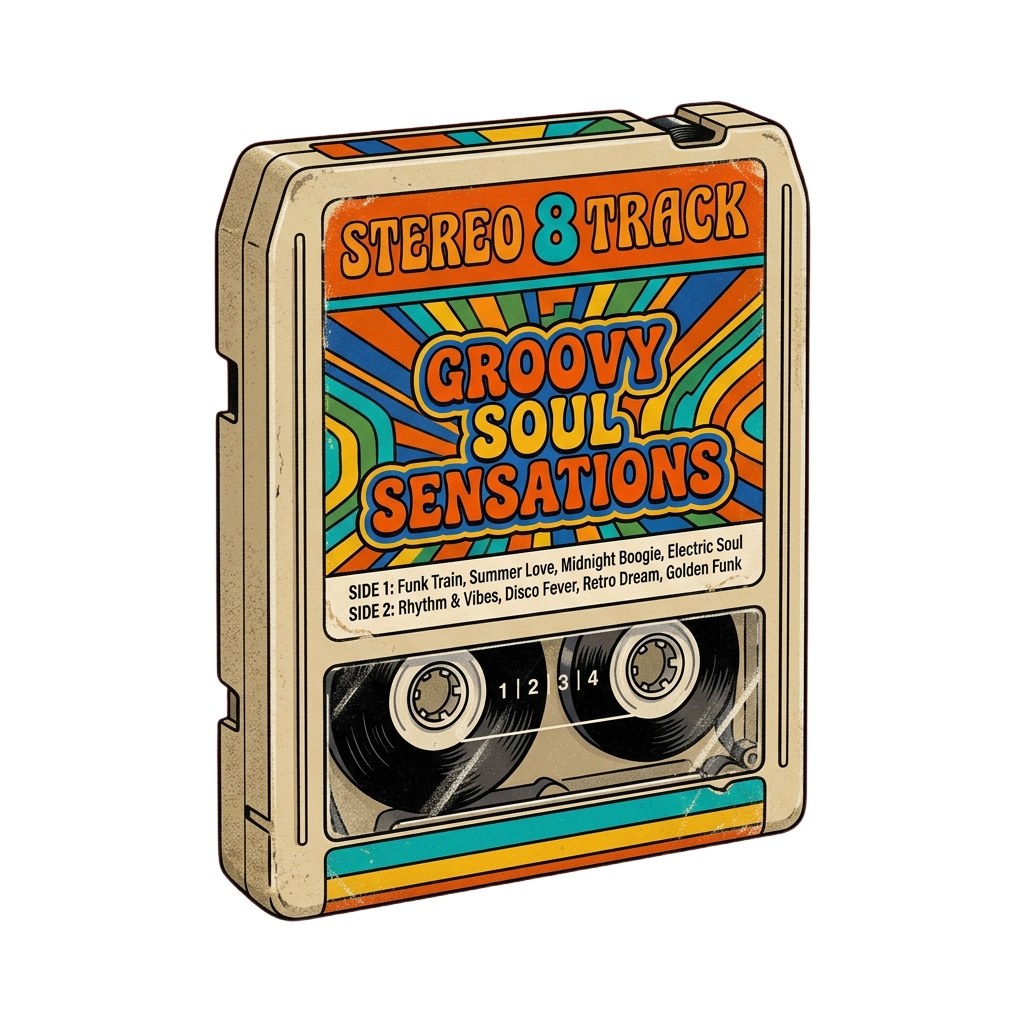 Vintage stereo 8-track tape cover with colorful retro design and soul music track titles