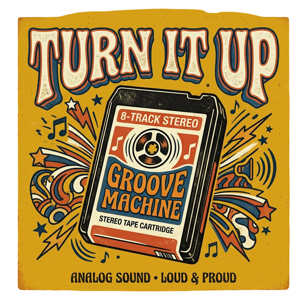 Illustration of an old-school 8-track stereo tape cartridge labeled Groove Machine with a retro turn it up sign