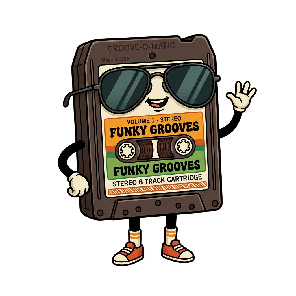 Animated cartoon cassette player with sunglasses, arms, legs, and a peace sign hand gesture
