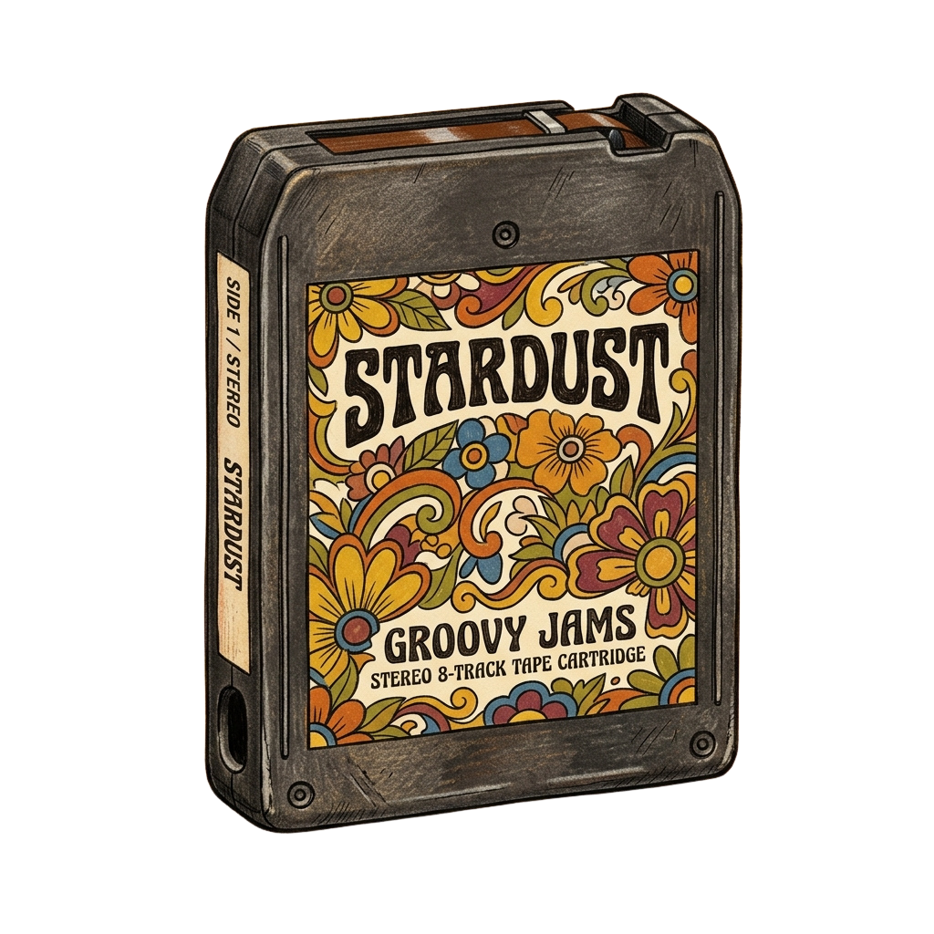 Vintage-style stereo tape cartridge with colorful floral design and text reading Stardust Groovy Jams