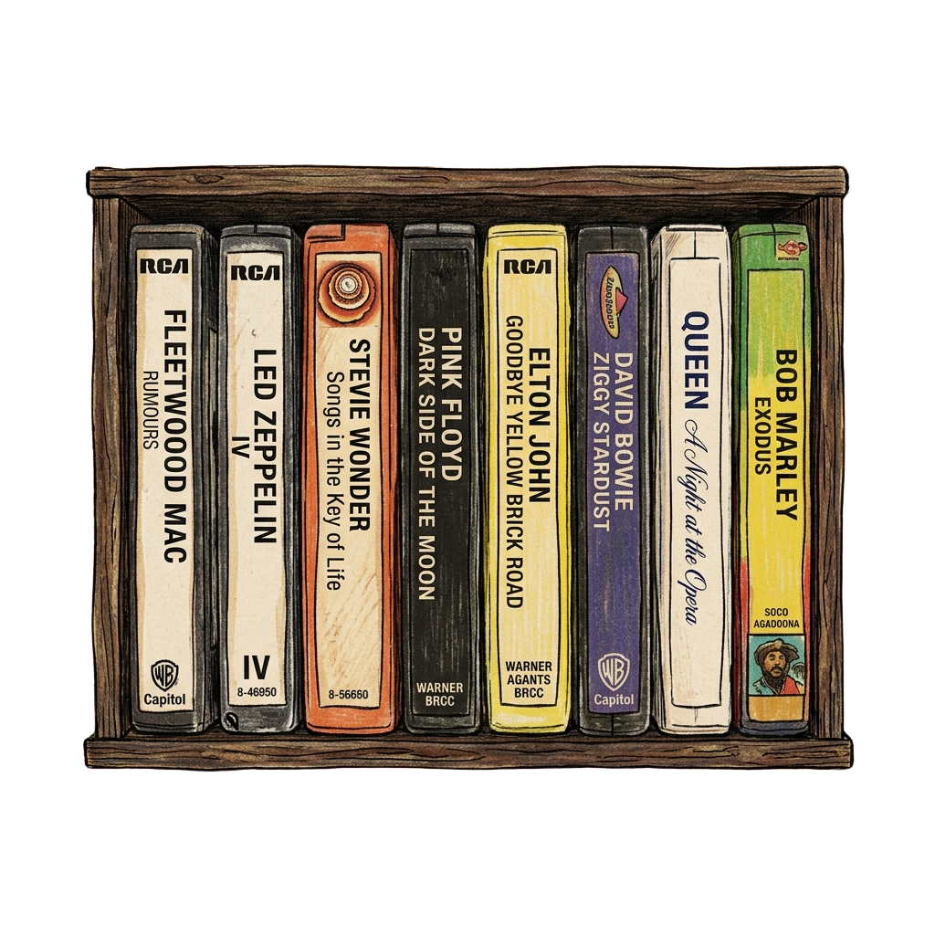Seven colorful vinyl record sleeves arranged in a wooden box, each featuring different album art.
