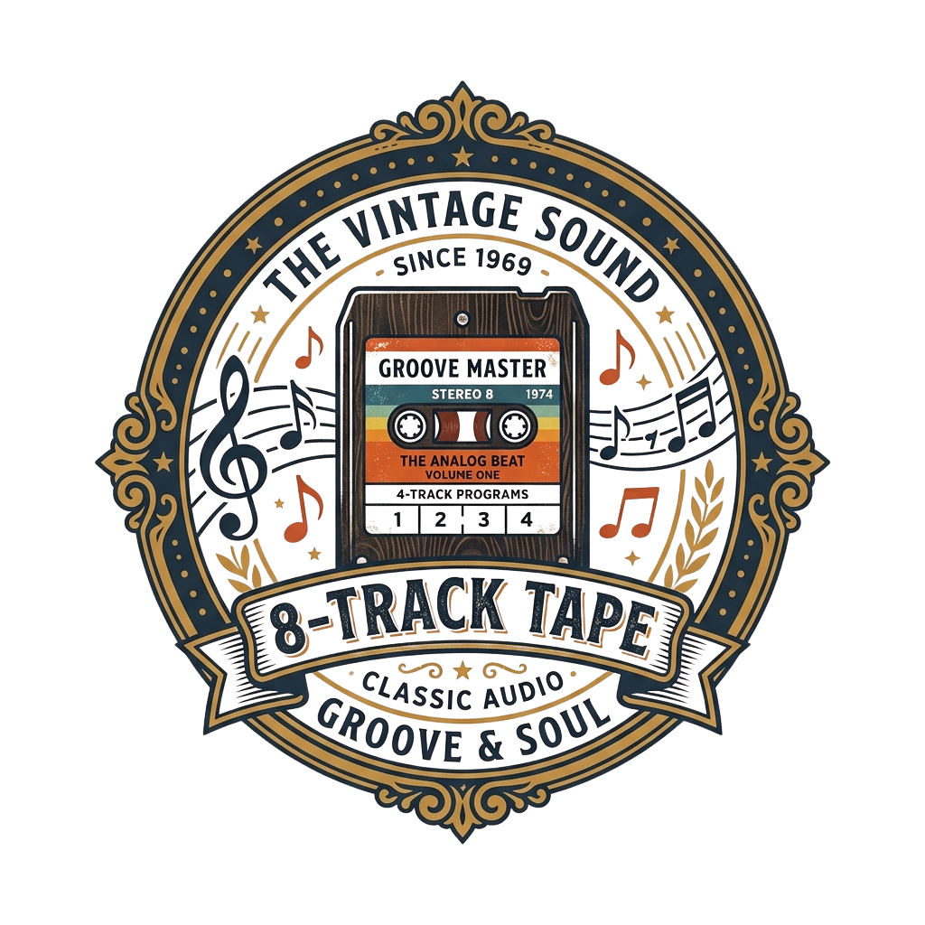 Illustration of an 8-track tape player with musical notes and a banner reading 8-Track Tape Classic Audio Groove & Soul