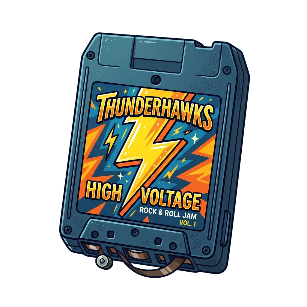 Illustration of a rugged power bank with a rock-themed design featuring lightning bolts and the words High Voltage Rock Jam Vol 1