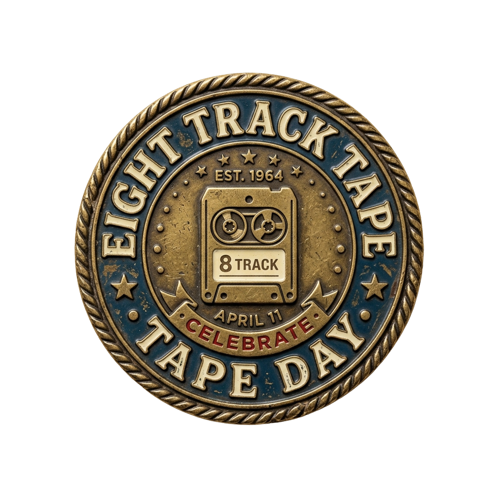 Round badge celebrating Eight Track Tape Day with an 8-track player graphic and rope border