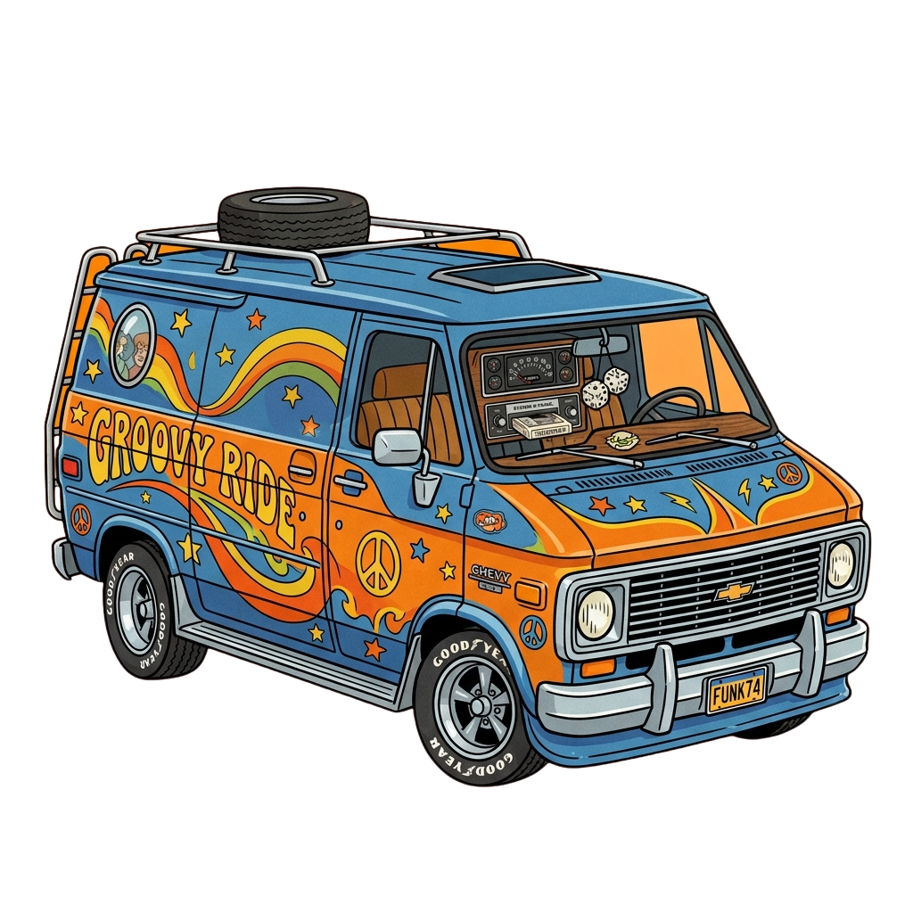 Colorful vintage van with psychedelic patterns, peace signs, and retro decorations