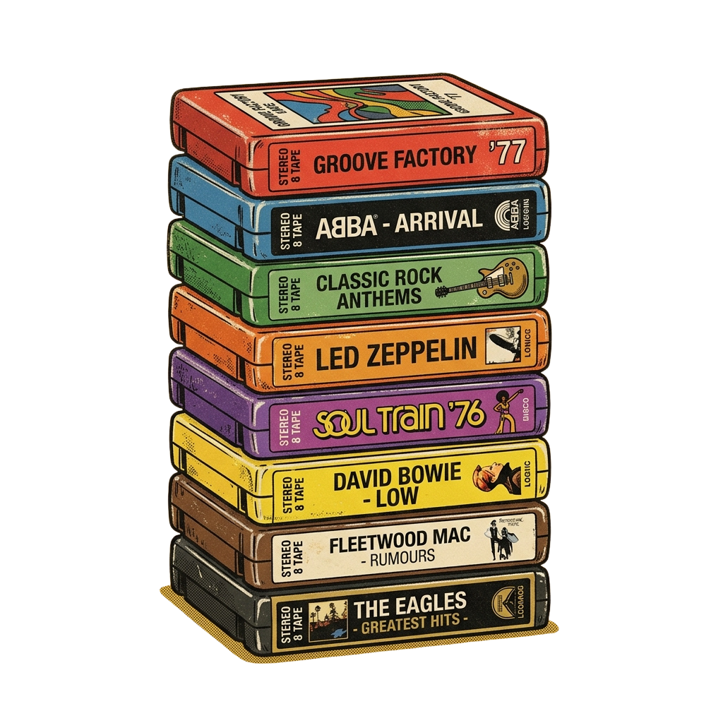 Stack of eight vintage cassette tapes with colorful labels featuring classic music albums