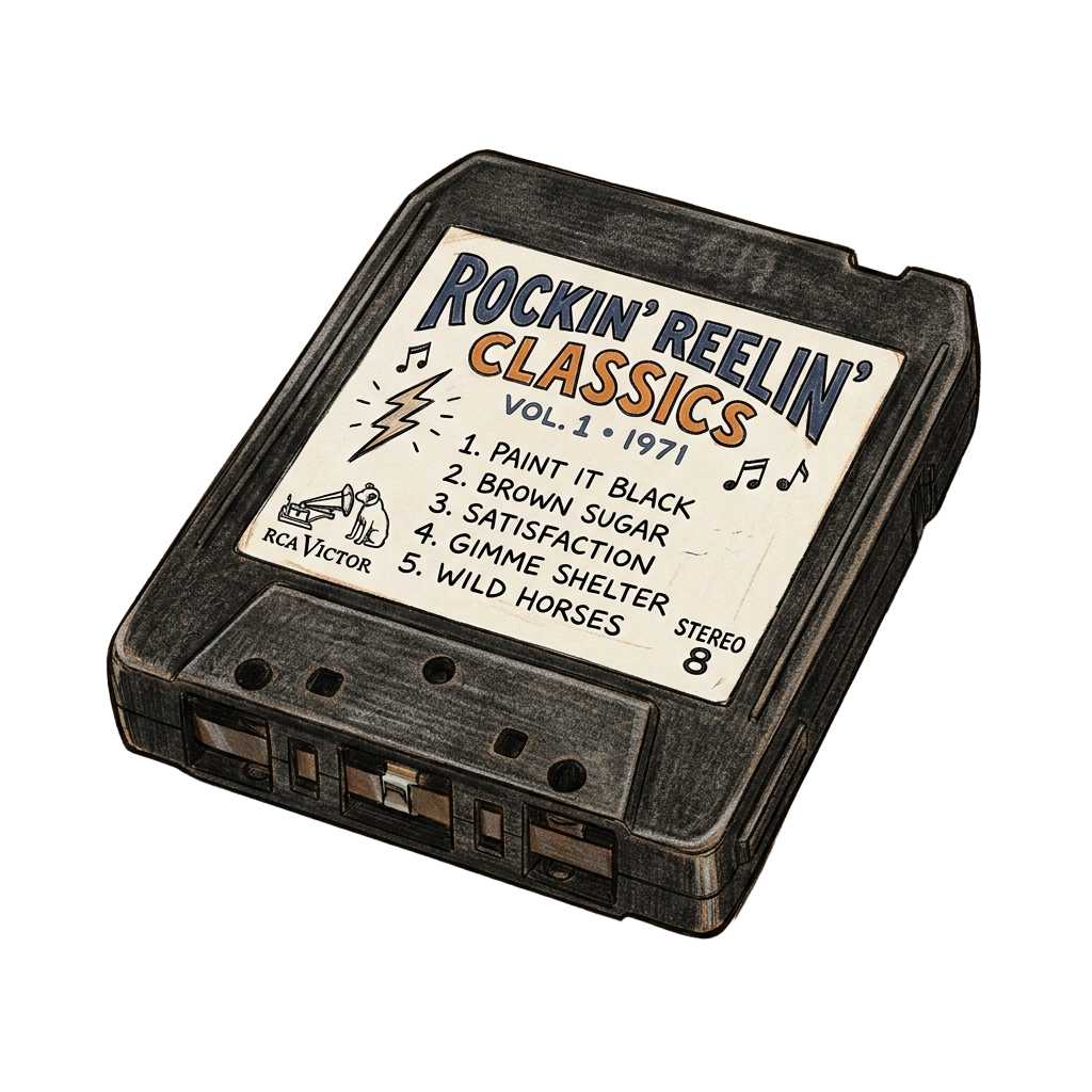 Illustration of a vintage cassette tape labeled Rockin Reelin Classics Vol 1 from 1971 with tracklist
