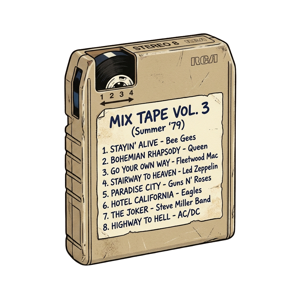 Illustration of a vintage cassette tape labeled Mix Tape Vol 3 Summer 79 with a list of 8 songs