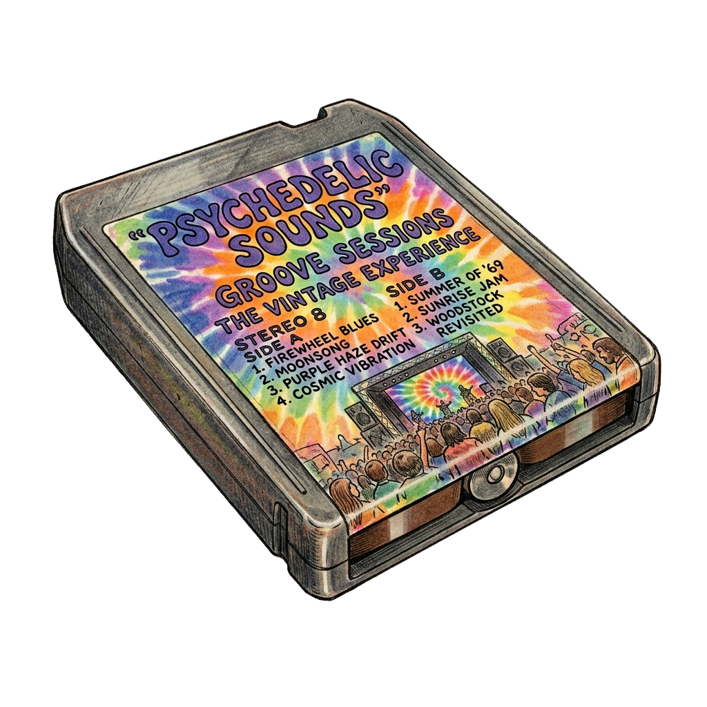 Vintage cassette case with psychedelic colors and 1960s groove session track listing
