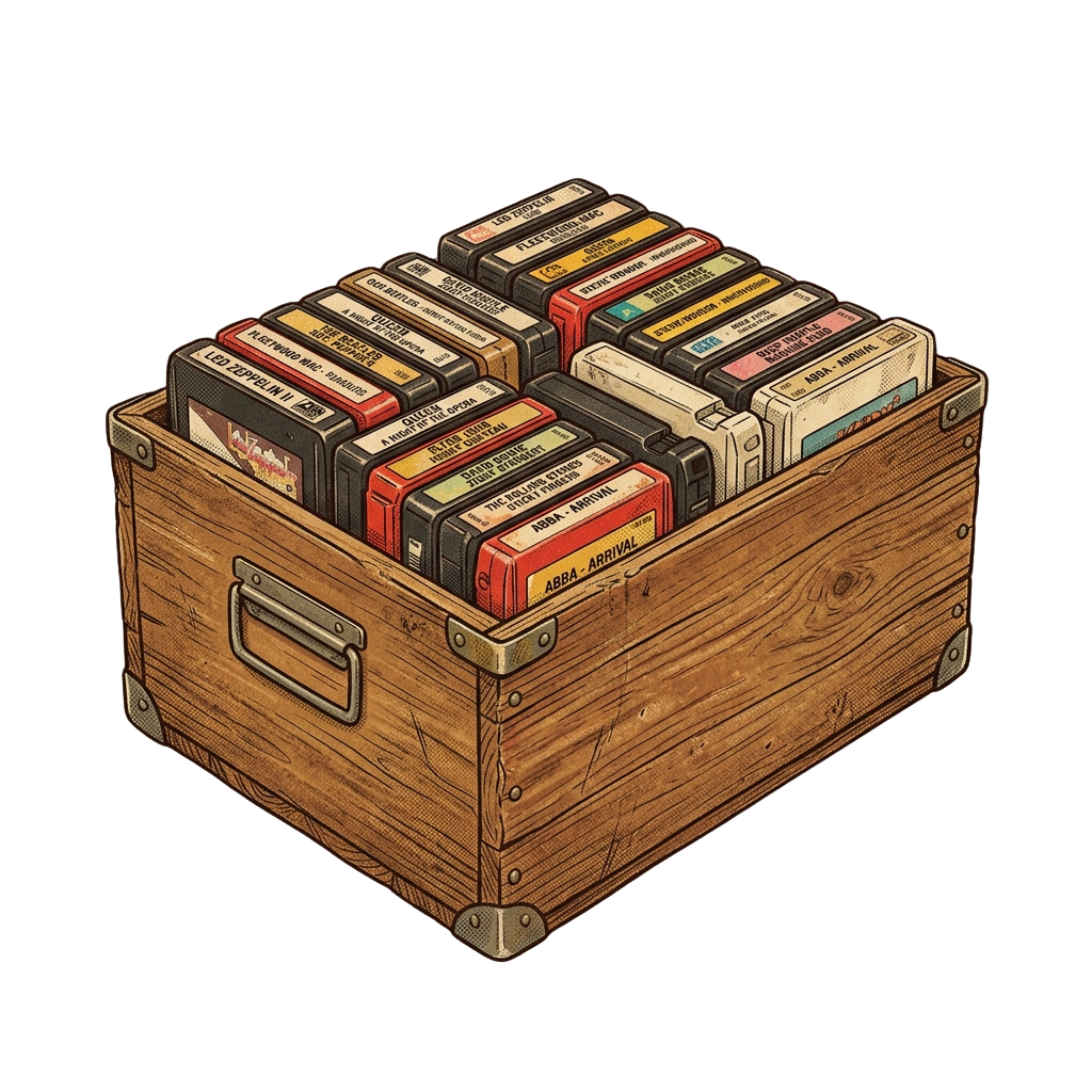 Wooden box filled with various colorful cassette tapes arranged neatly