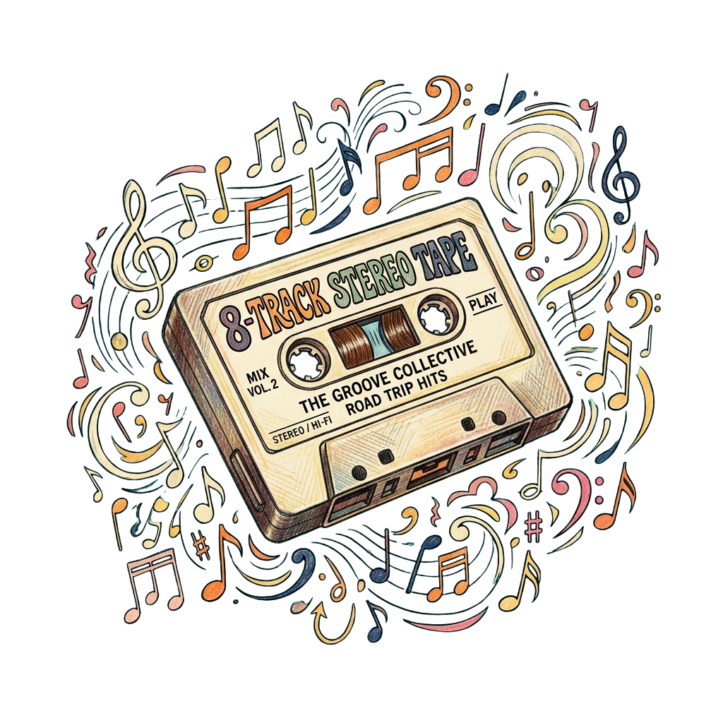 Illustration of an 8-track tape cassette surrounded by musical notes and symbols, labeled as a road trip hits mix.