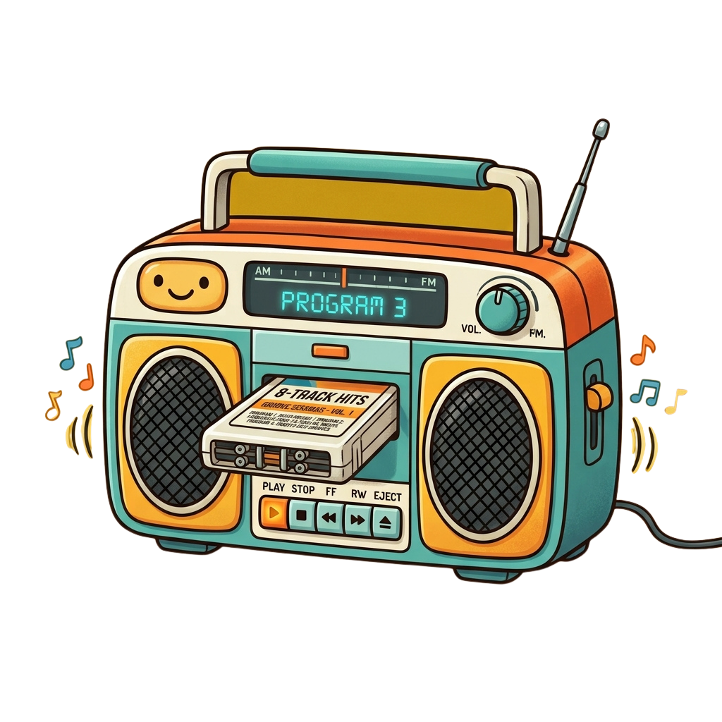 A cheerful cartoon boombox with smiling face playing an 8-track tape, displaying Program 3 and emitting sound waves.