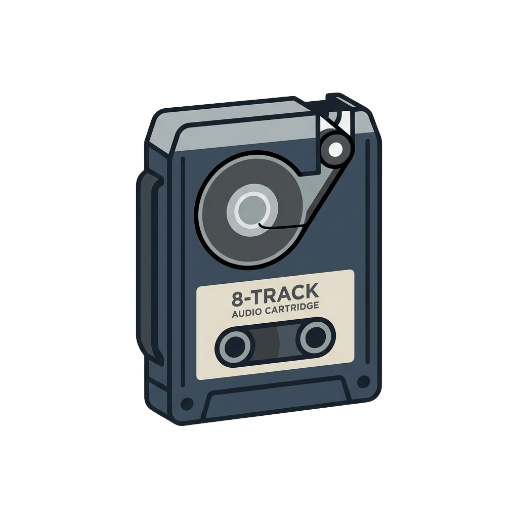 Illustration of an 8-track audio cartridge with a spool on top and labeled 8-Track Audio Cartridge